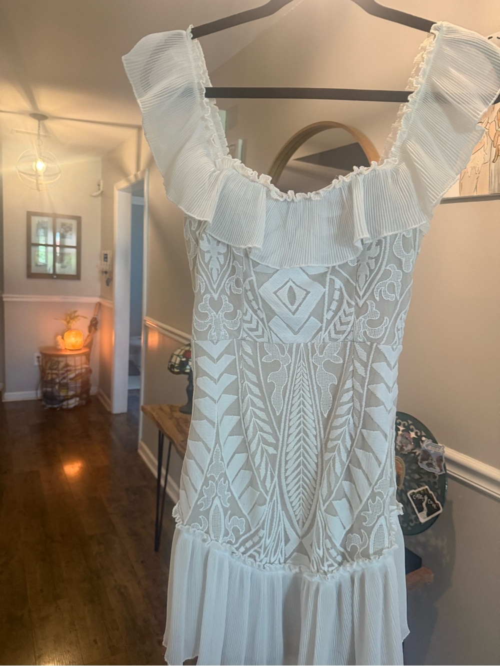 White Embroidered Ruffle-Hem Dress